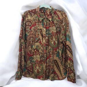 Lauren Ralph‎ Lauren Paisley Print Cotton Button Down Shirt Woman XL Light Boho